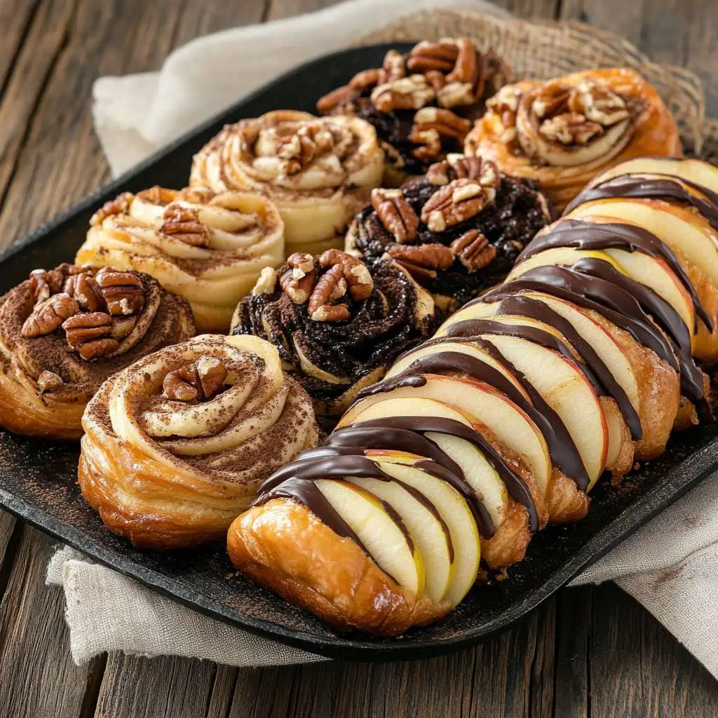  Different flavors of cinnamon Danishes displayed on a platter.