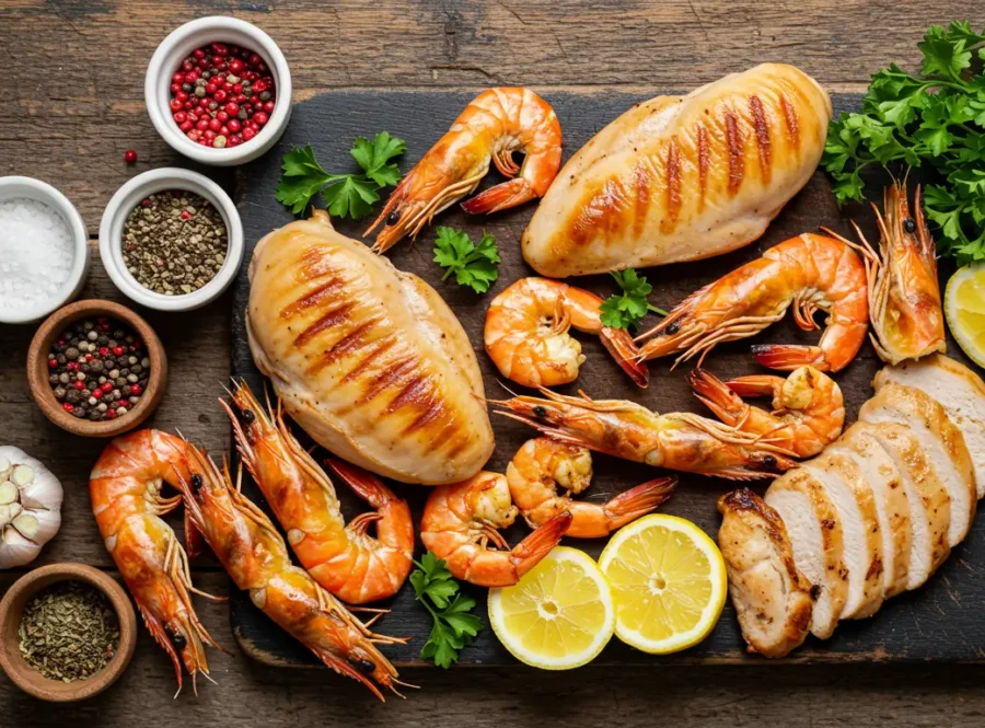 Grilled shrimp and chicken breast with garnishes on a rustic table