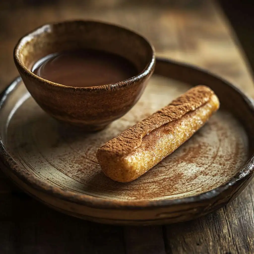 A golden churro sprinkled with cinnamon sugar served with a bowl of chocolate dipping sauce.