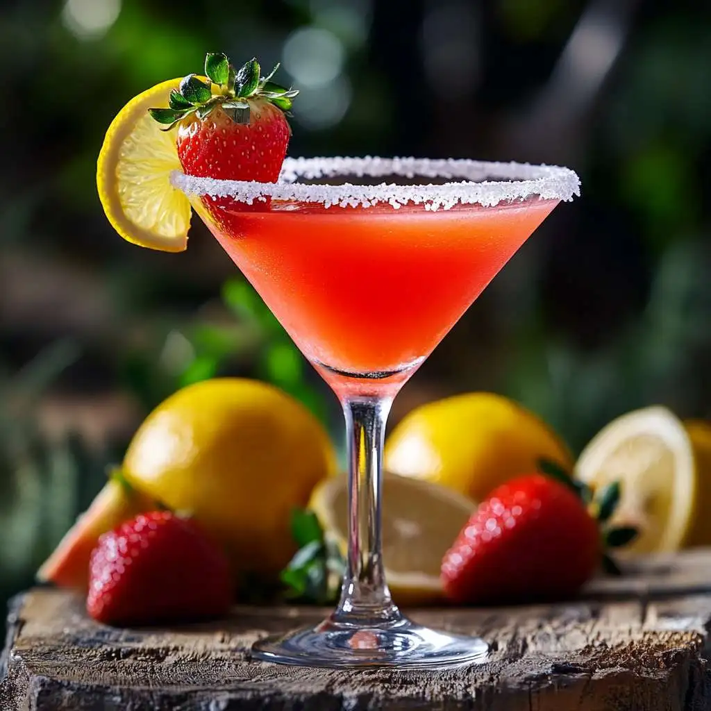 Strawberry Lemon Drop cocktail with garnishes on a rustic table.