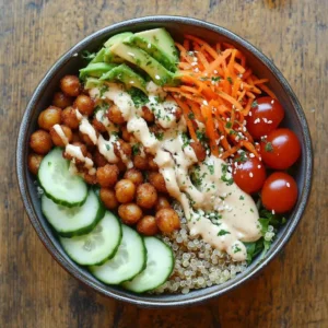 A colorful vegan lunch bowl filled with quinoa, avocado, roasted chickpeas, and fresh vegetables.