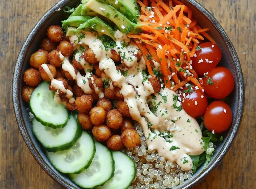 A colorful vegan lunch bowl filled with quinoa, avocado, roasted chickpeas, and fresh vegetables.