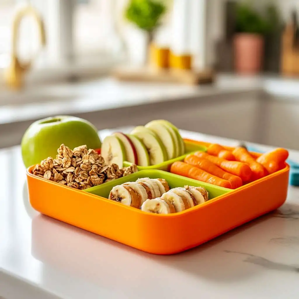 A bento box filled with colorful vegan lunch items for kids.