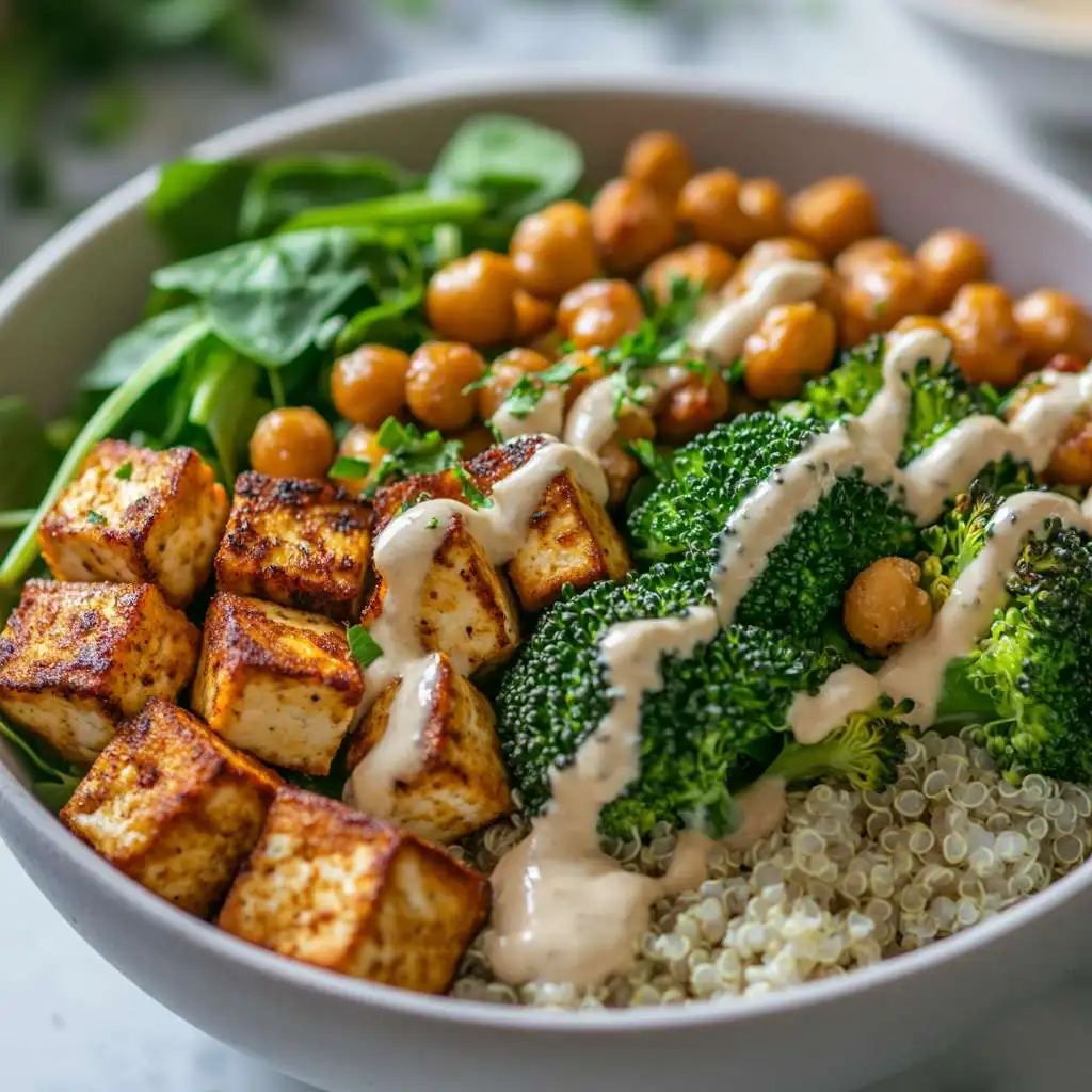 A protein-packed vegan Buddha bowl with tofu, quinoa, and veggies.