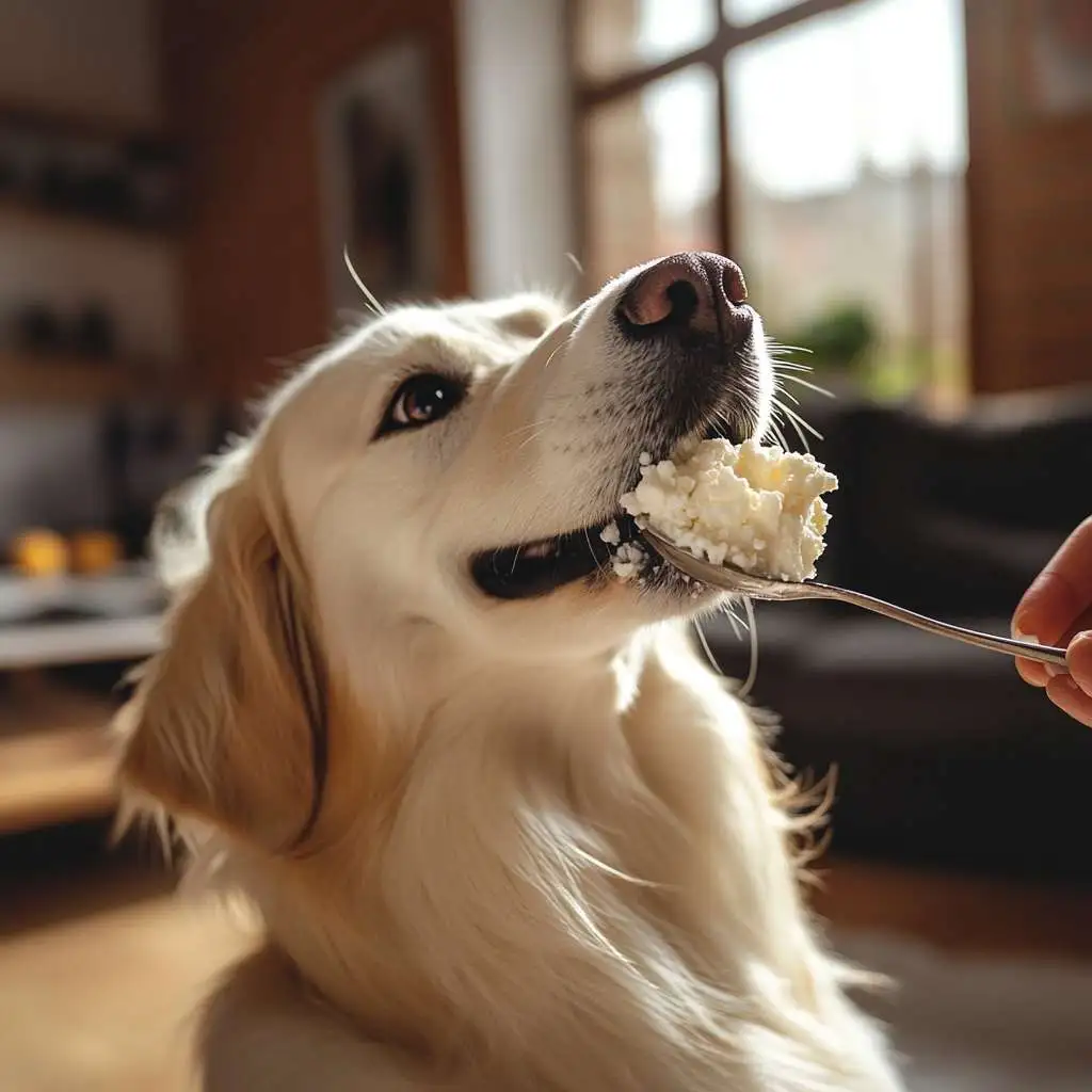 A dog eating cottage cheese from a spoon.