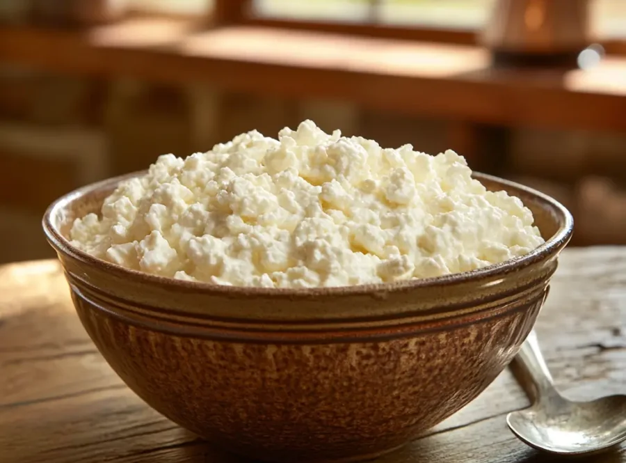 A happy dog sitting near a bowl of cottage cheese