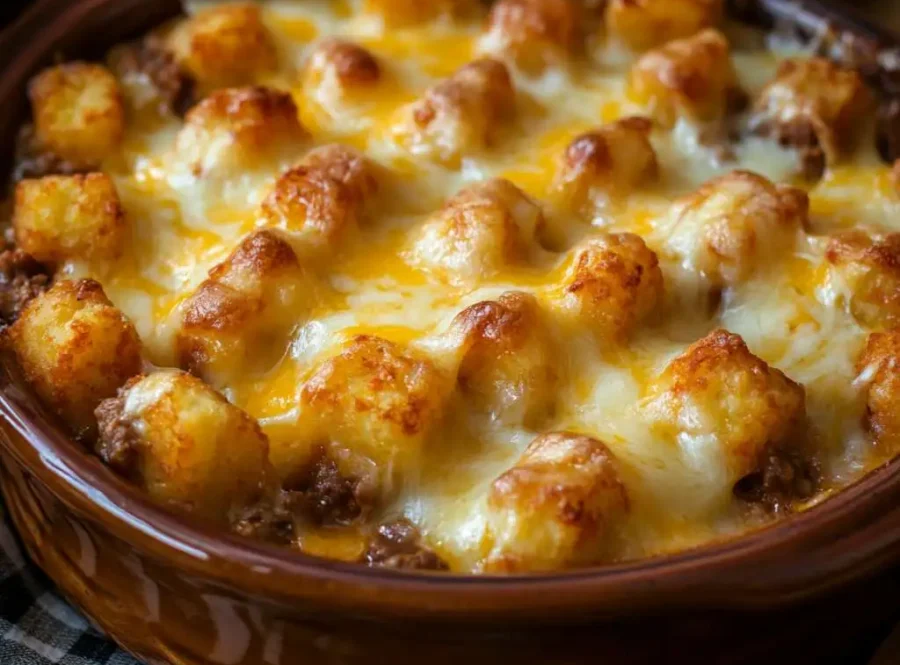 Cowboy casserole fresh out of the oven with crispy tater tots and melted cheese.