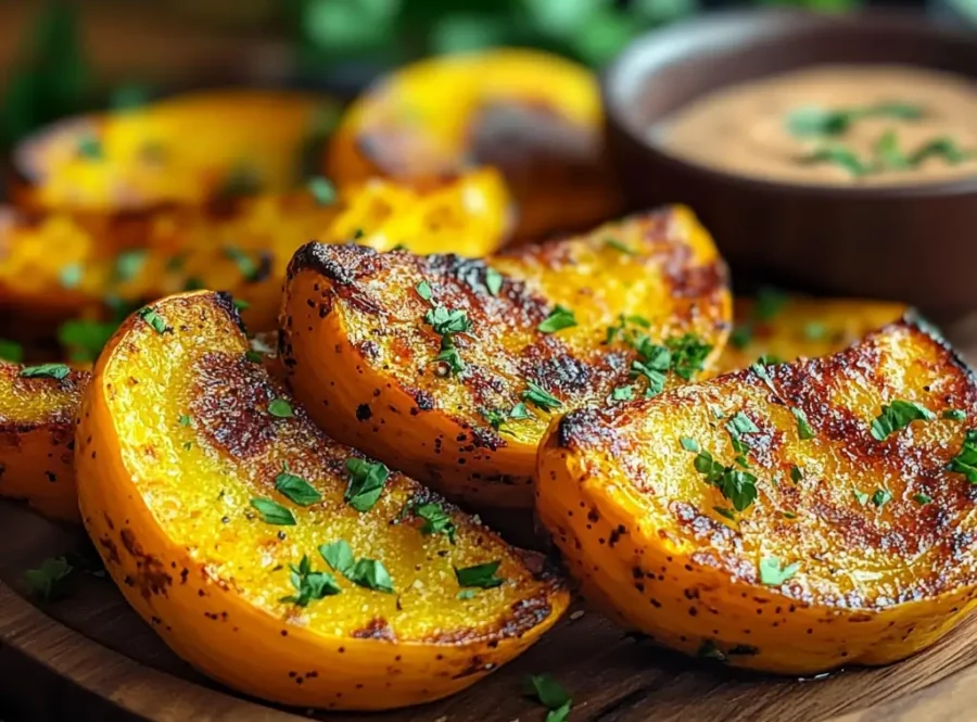 Crispy air fryer acorn squash wedges on a plate with herbs and dipping sauce.