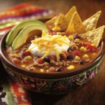 A steaming bowl of taco soup with toppings