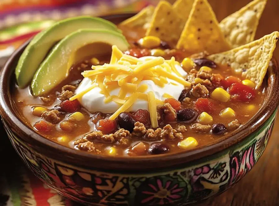 A steaming bowl of taco soup with toppings