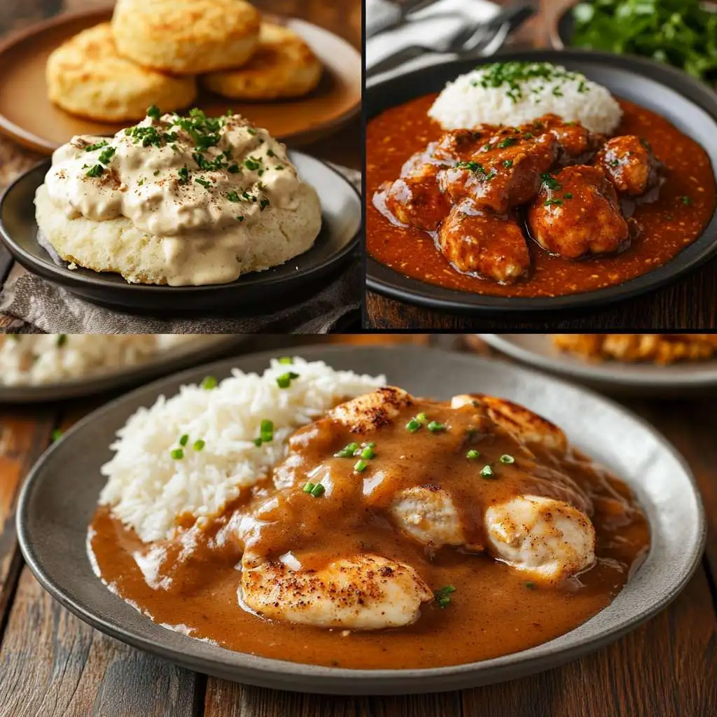 Three variations of Chicken and Gravy Recipe  Southern-style, healthy, and Cajun-spiced.