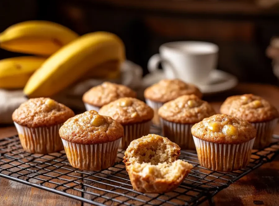 Freshly baked mini banana muffins on a cooling rack with ripe bananas in the background.