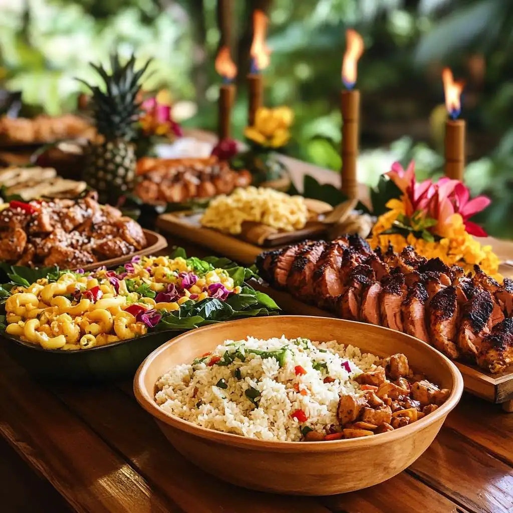 A Hawaiian luau spread featuring Chicken Long Rice and traditional dishes.