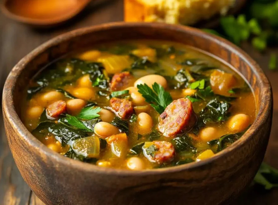 A bowl of Swamp Soup with collard greens, beans, and sausage.