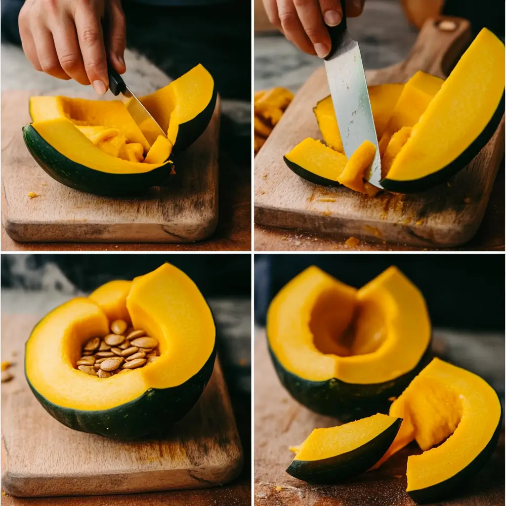 Step-by-step process of cutting and preparing acorn squash.