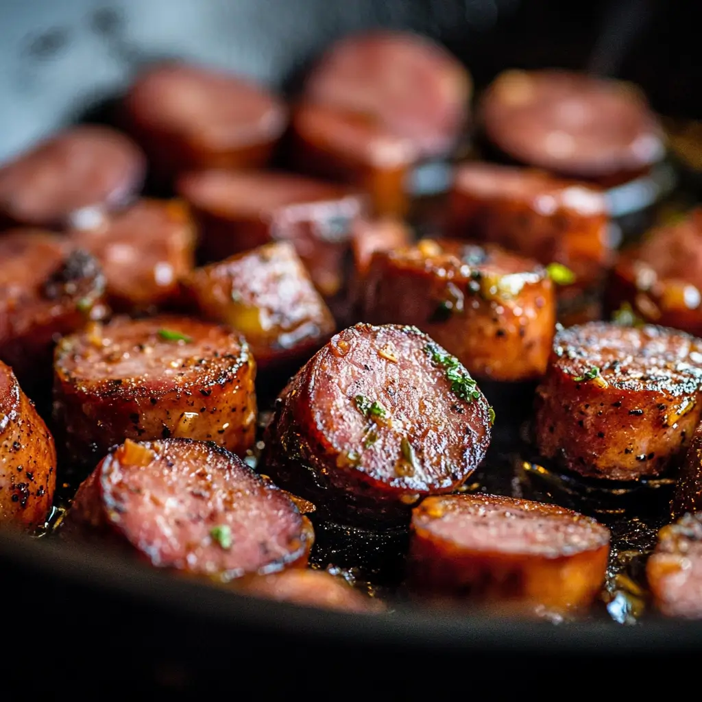 Smoked Sausage Pasta – A Flavor-Packed Comfort Dish 1 Slices of smoked sausage being browned in a skillet.