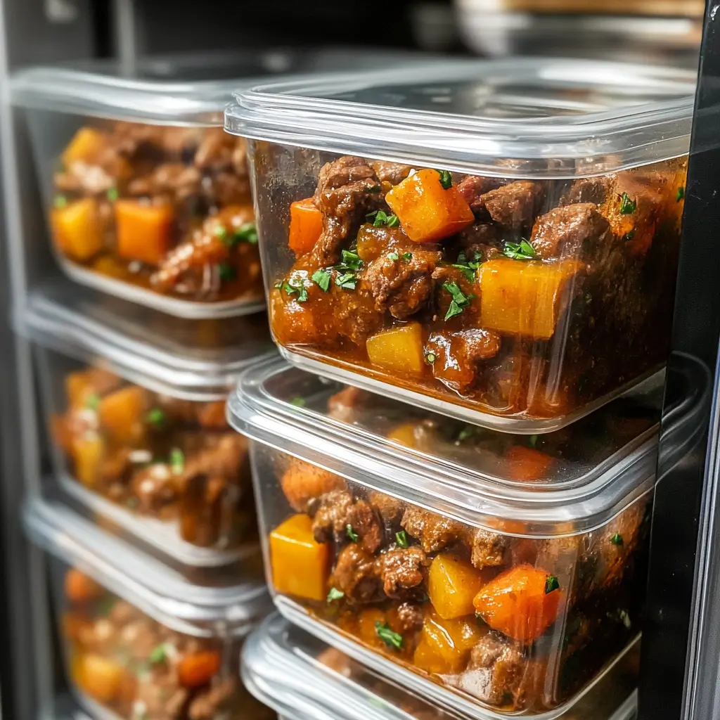 Stored beef stew in meal prep containers.
