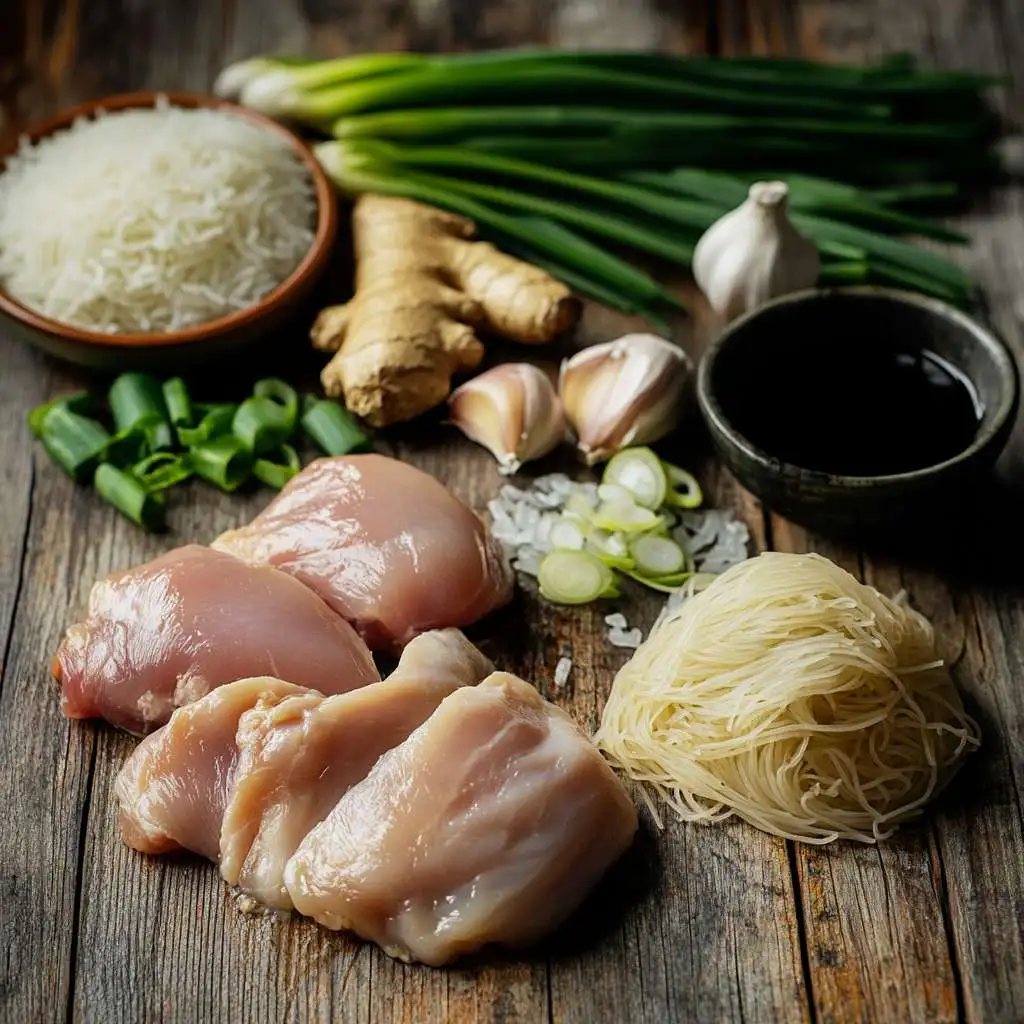 Fresh ingredients for Chicken Long Rice laid out on a wooden table.