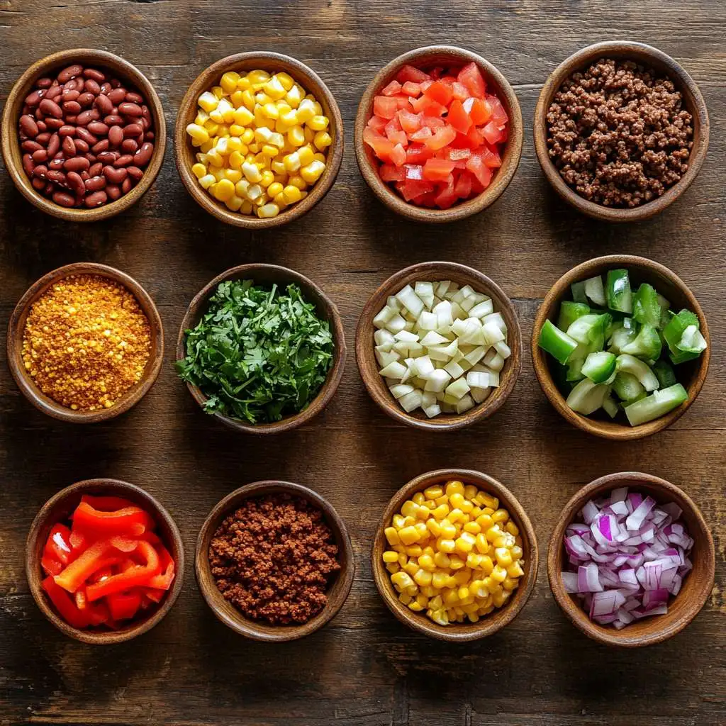 Taco soup recipe ingredients arranged on a table