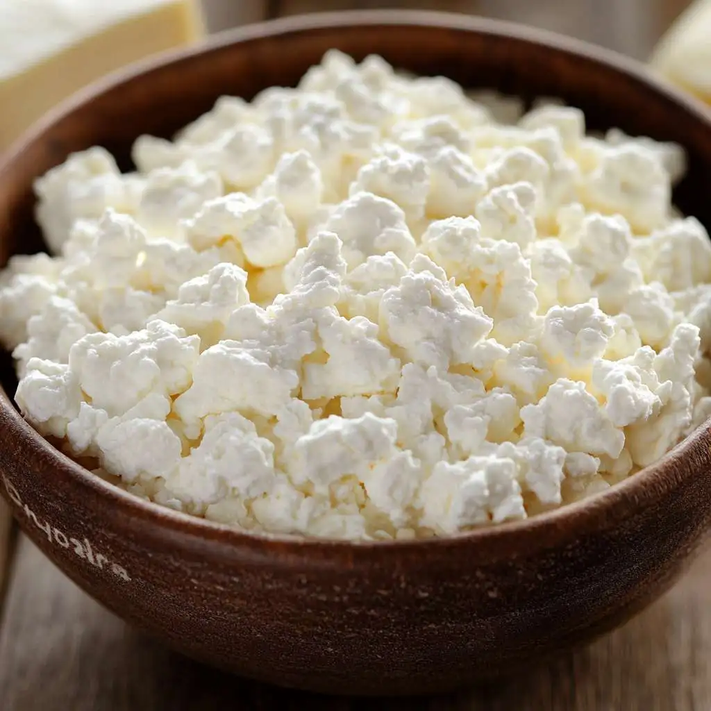 A close-up of cottage cheese with labeled nutrients.