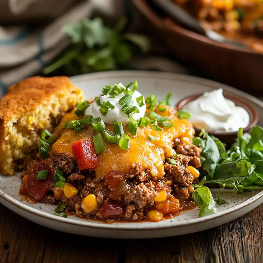 Cowboy Casserole Recipe  A plated serving of cowboy casserole with a side salad and cornbread.