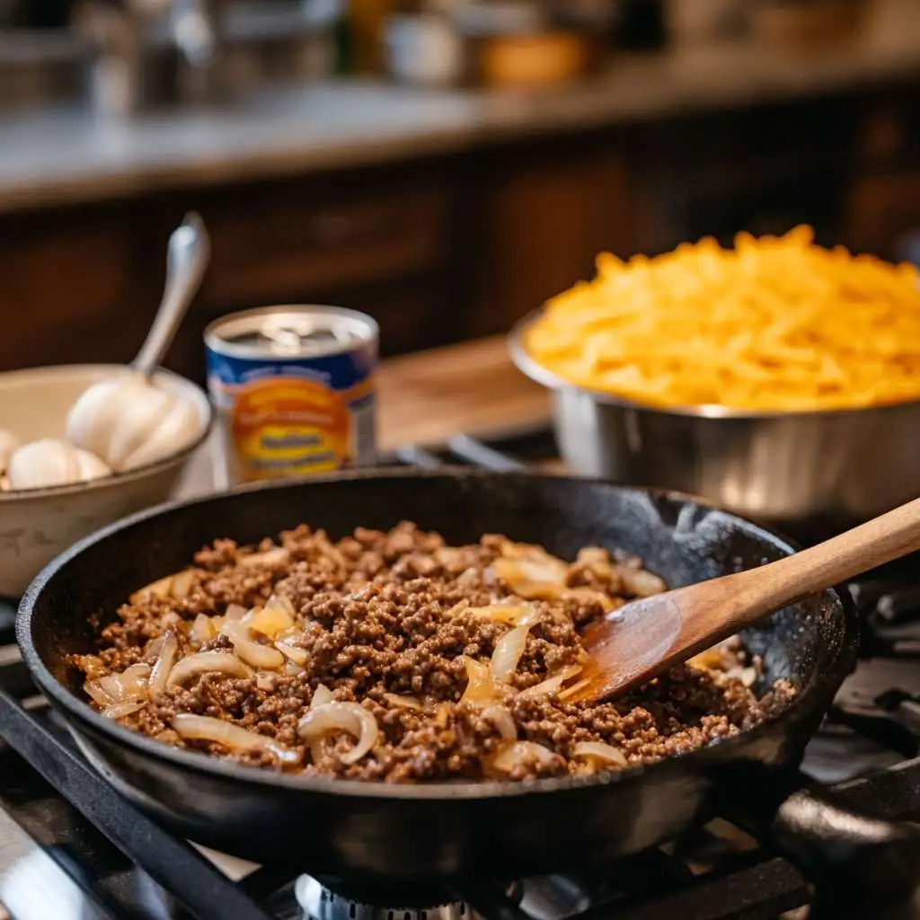 Cooking ground beef and onions in a skillet for cowboy casserole.