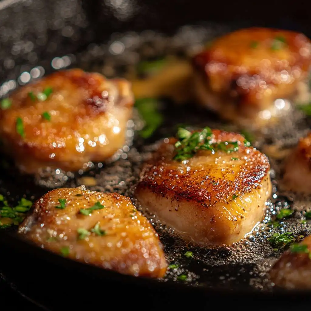 Chicken thighs searing in a cast-iron skillet for a rich, flavorful base.