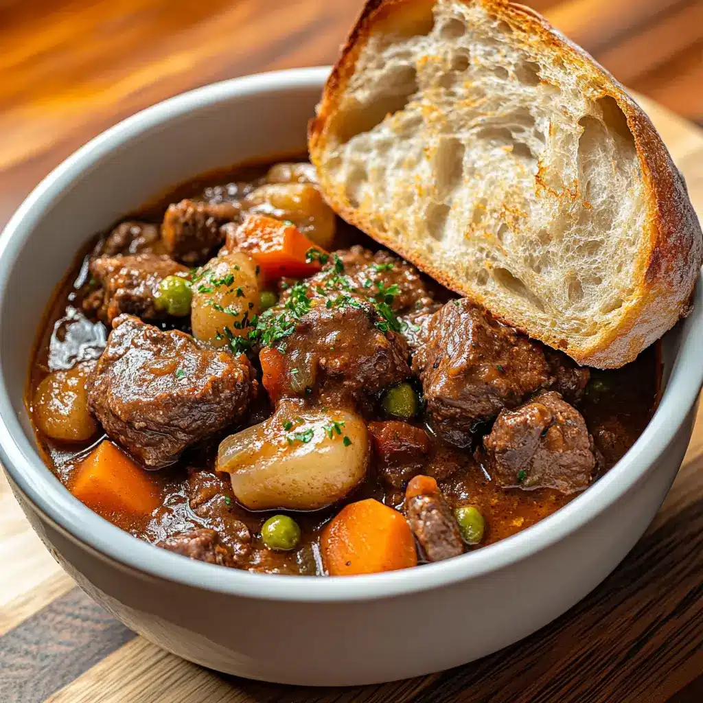 Instant Pot beef stew served with crusty bread and wine.