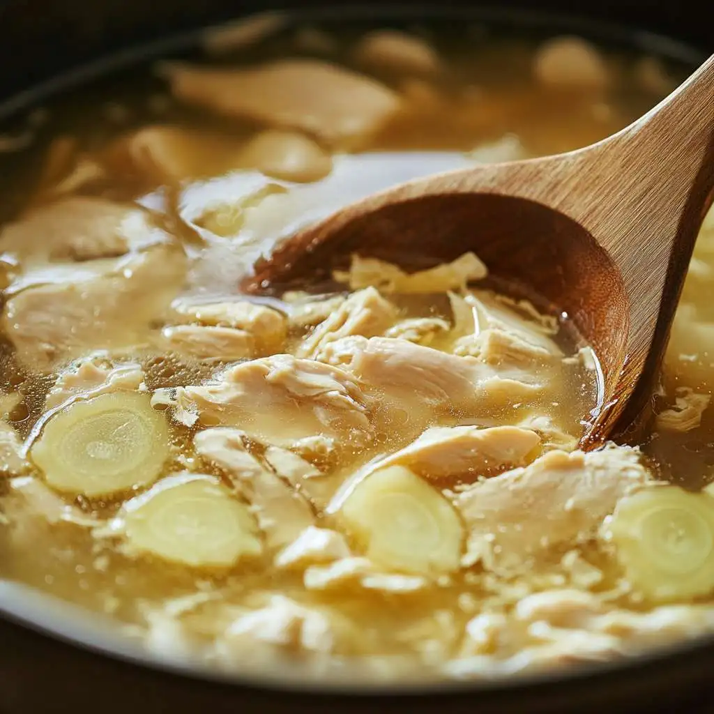 Chicken Long Rice Recipe Chicken simmering in a pot with ginger and garlic.