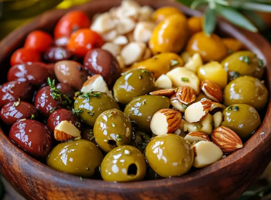 A variety of stuffed olives with different fillings displayed in a wooden bowl.