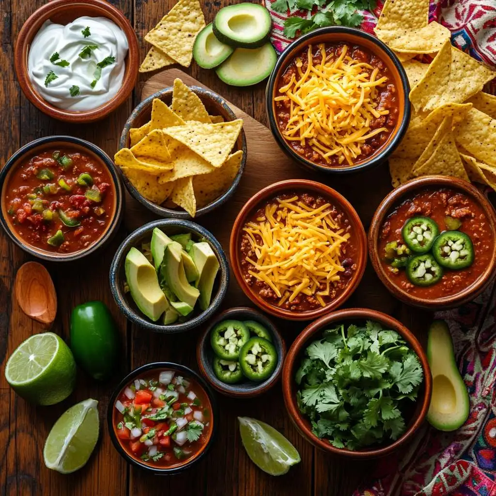 A taco soup toppings bar with various ingredients