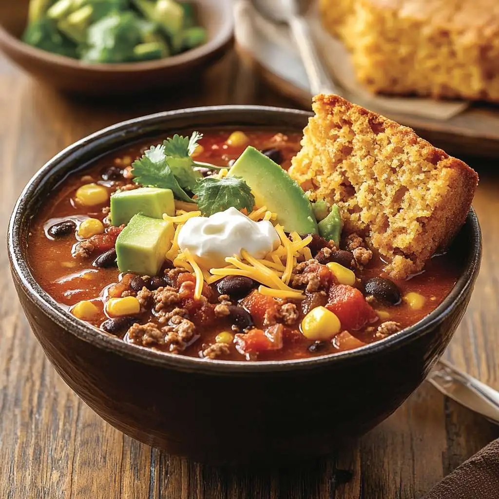 A bowl of taco soup with a side of cornbread