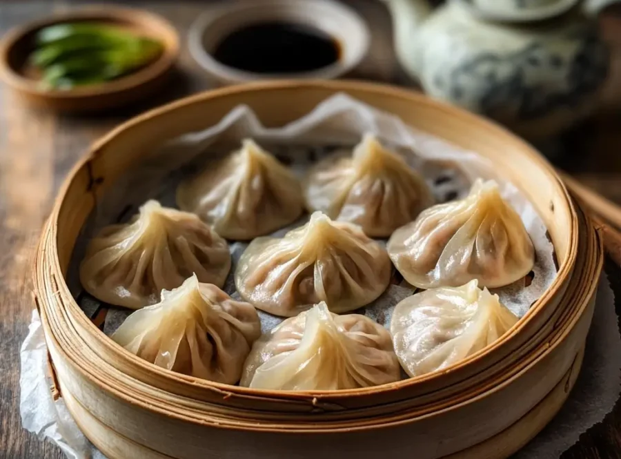 Steamed vegan soup dumplings in a bamboo steamer with dipping sauce.