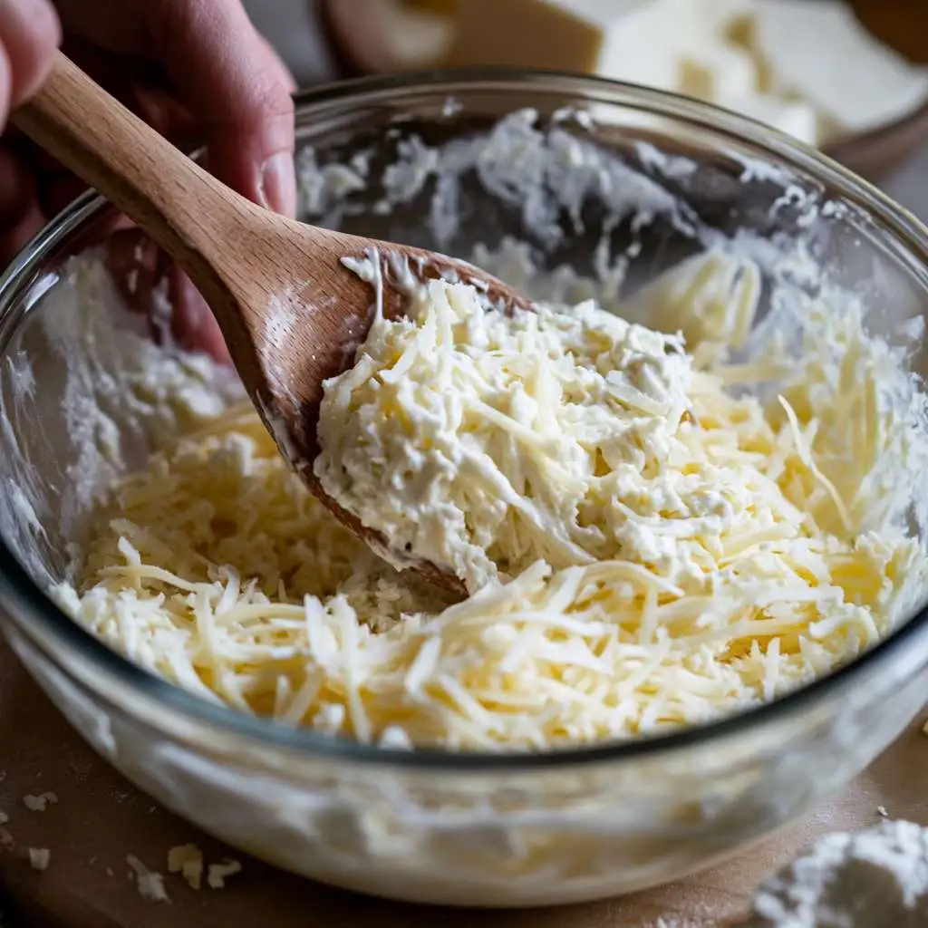 A person mixing the creamy filling in a bowl.