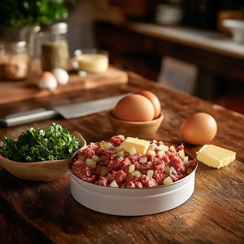 The Best Libby’s Corned Beef Hash Recipe: A Hearty and Easy Breakfast 1 Ingredients for Libby’s Corned Beef Hash laid out on a wooden counter.