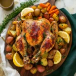 Golden, crispy spatchcock chicken with roasted vegetables on a wooden board