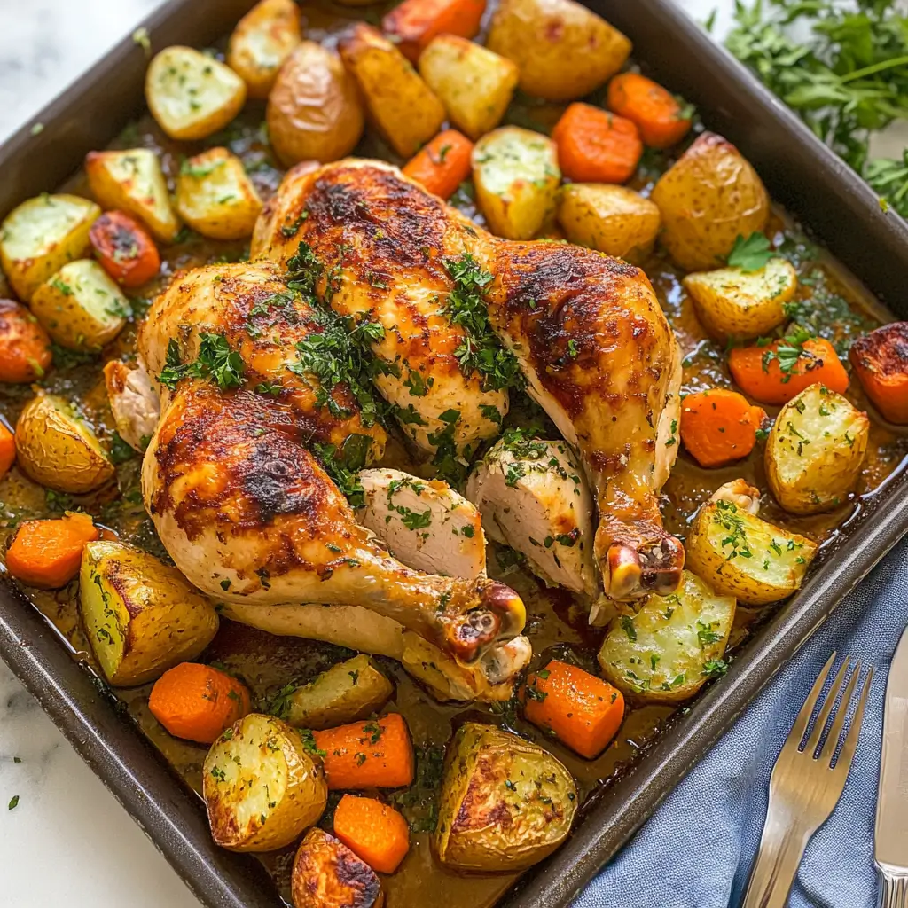 The Ultimate Spatchcock Chicken Recipe for Juicy, Flavor-Packed Goodness 6 Plated spatchcock chicken recipe with crispy skin, roasted potatoes, and carrots.