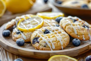 Freshly baked Lemon Blueberry Cookies with lemon glaze