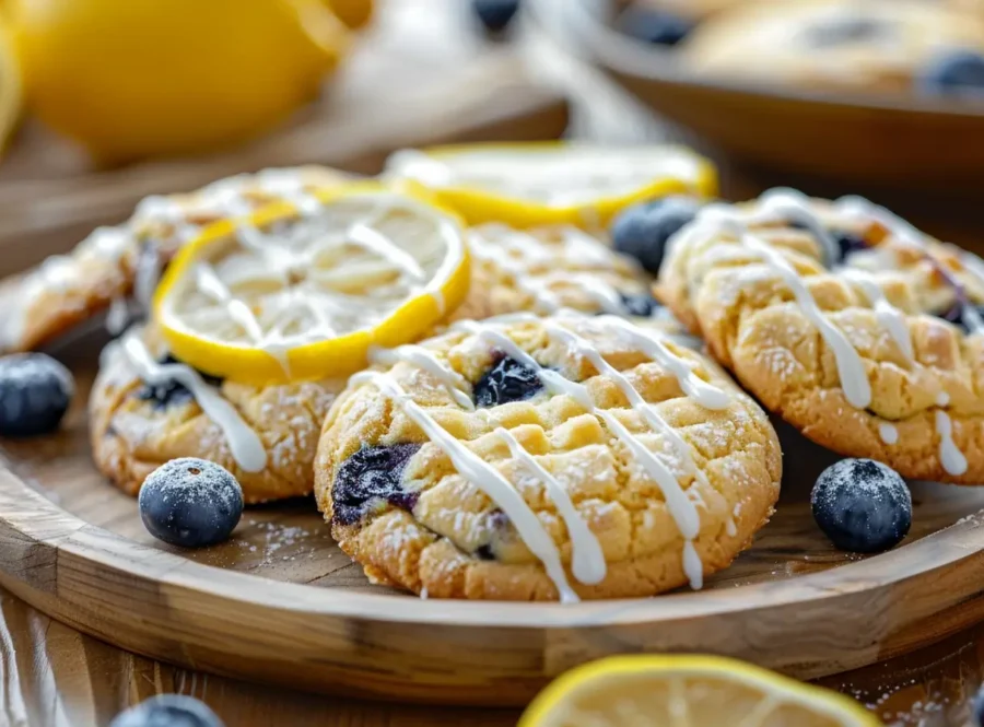 Freshly baked Lemon Blueberry Cookies with lemon glaze