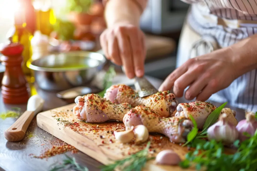 Hands seasoning chicken drumsticks with spices on a wooden cutting board