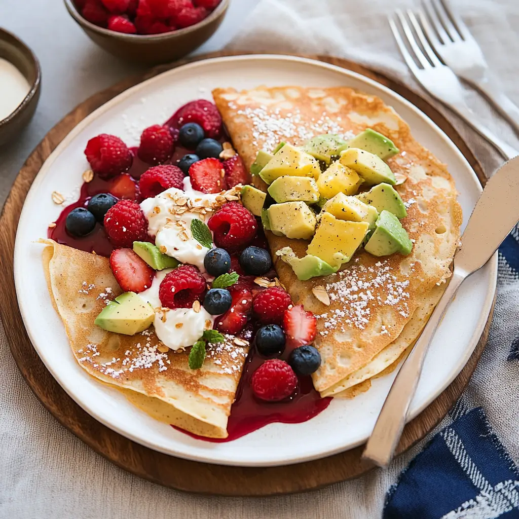 Delicious and Healthy Oat Crepes: A Guilt-Free Breakfast Treat 5 Sweet and savory oat crepes plated with different toppings.