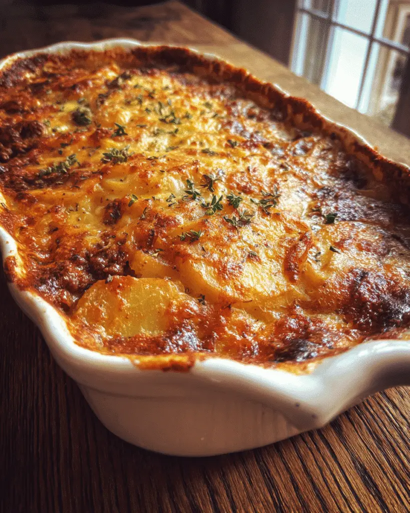 A serving of hamburger potato casserole paired with vegetables and wine.