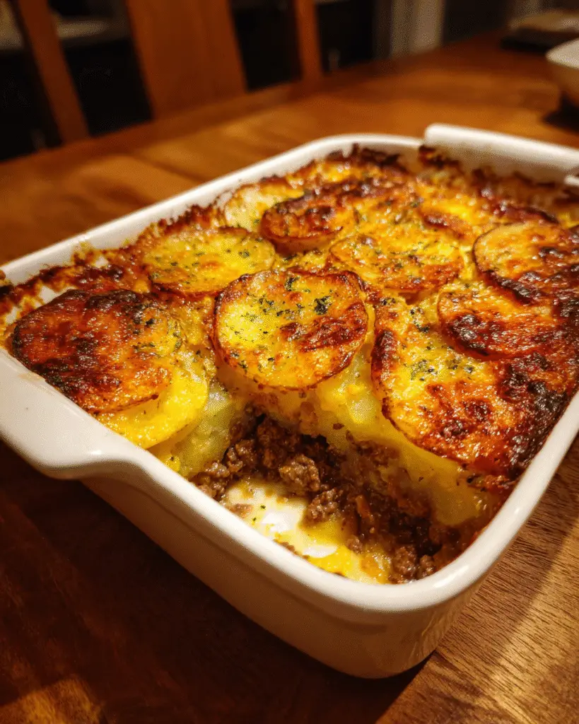 Hamburger Potato Casserole with golden cheese crust in white baking dish