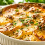 A cheesy hamburger potato casserole with golden crust in a rustic dish.