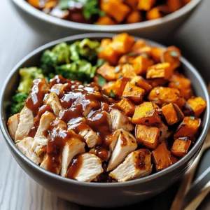 BBQ Chicken and Roasted Sweet Potato Bowl with Spring Greens