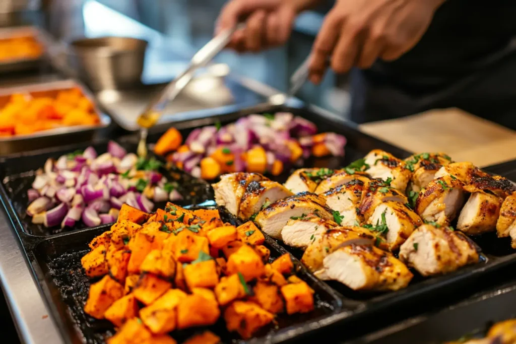 BBQ Chicken & Roasted Sweet Potato Bowls 1 Step-by-step BBQ chicken and sweet potato bowl prep