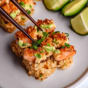 Crispy rice bites with spicy salmon garnished with microgreens