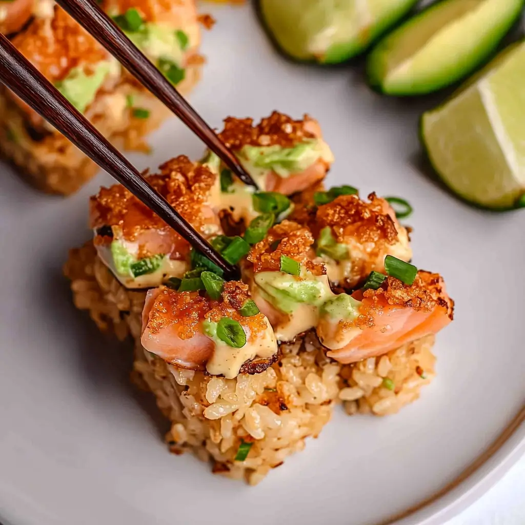 Crispy rice bites with spicy salmon garnished with microgreens
