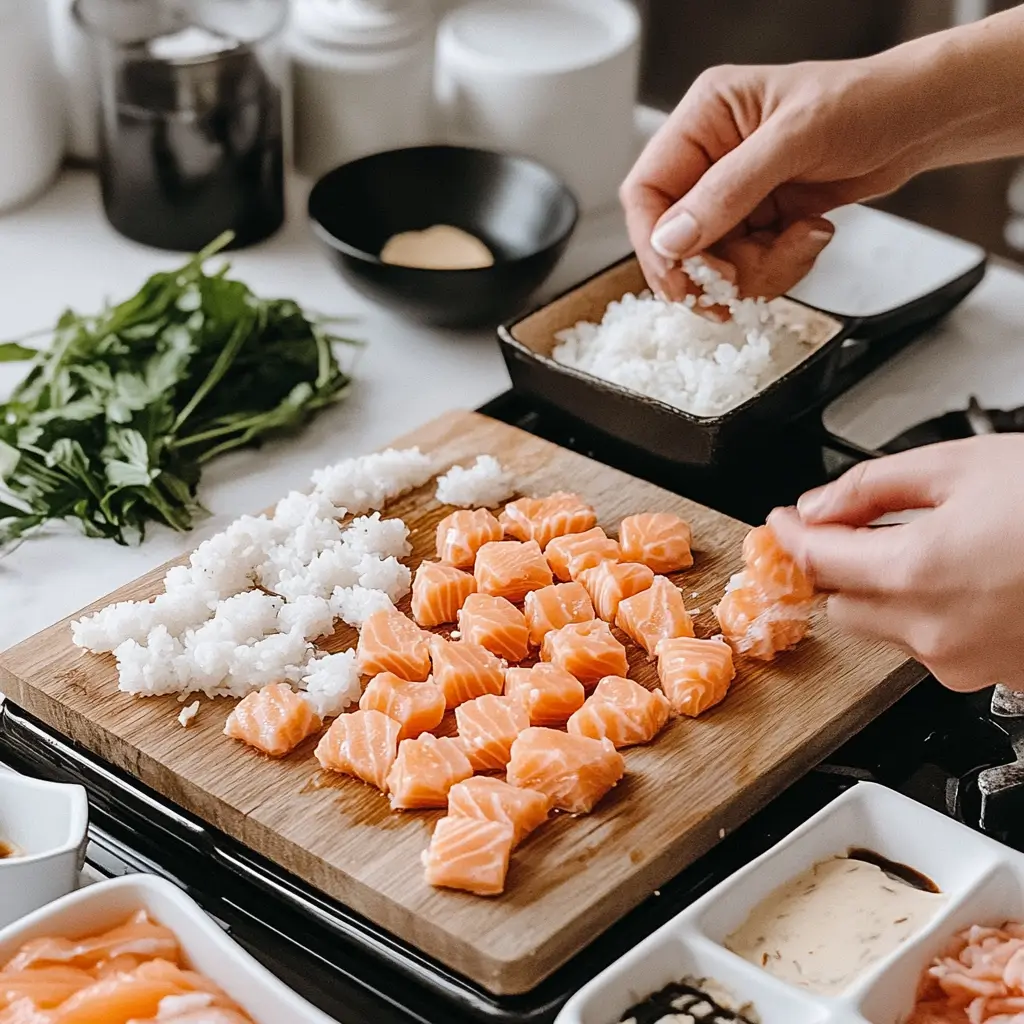 Salmon Crispy Rice: A Fresh Spring Favorite You'll Crave 2 Preparing and assembling salmon crispy rice in a bright kitchen