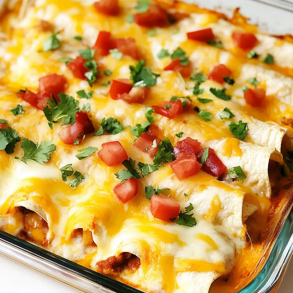 Cheesy breakfast enchiladas in baking dish for brunch